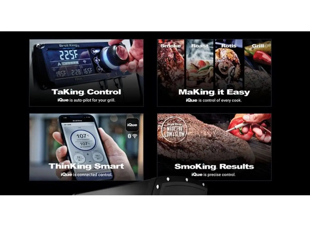Marketing graphic for Broil King iQue technology highlighting automated temperature control, smart cooking presets for smoking and roasting, and smartphone app connectivity.