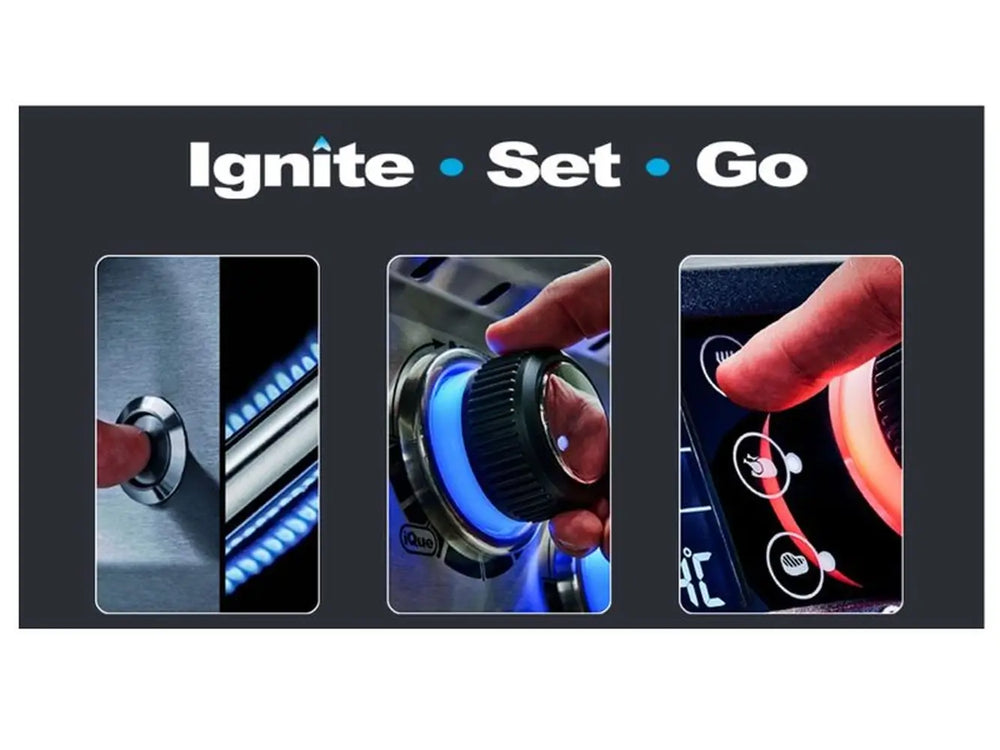 "Ignite, Set, Go" infographic demonstrating the electronic ignition, digital temperature setting, and preset cooking modes of the Broil King iQue smart system.