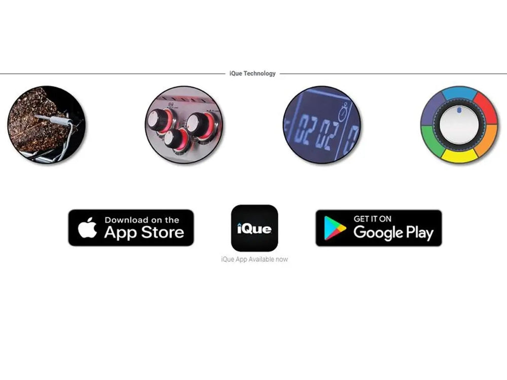 Download links for the Broil King iQue app on the App Store and Google Play, featuring icons for meat probes, LED lighting control, and precision timers.