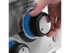 Close-up of a backlit LED control knob on a Broil King Imperial grill with blue light illumination indicating the "Off" position.