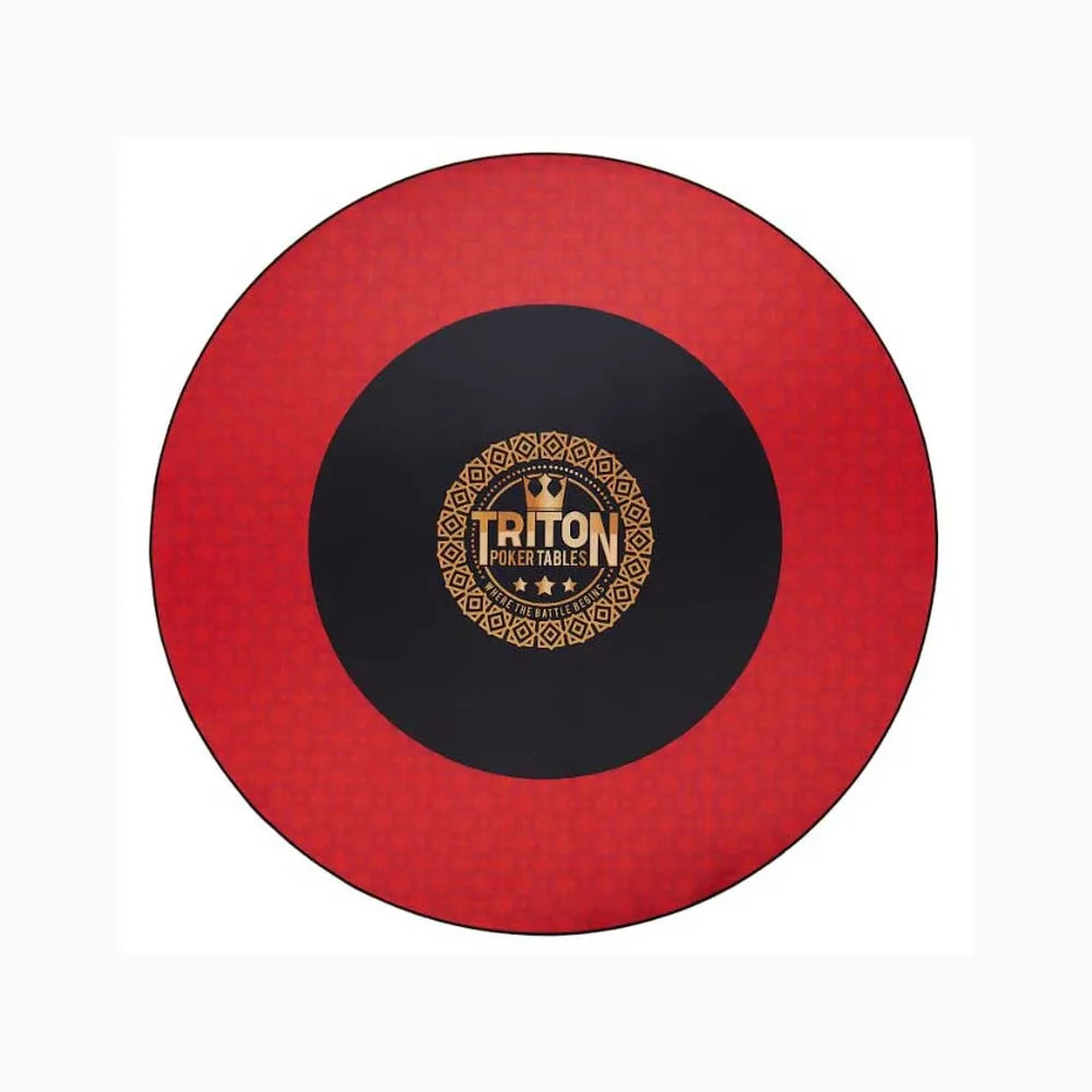 Red Triton round poker mat with black center circle and Triton Poker Tables logo.