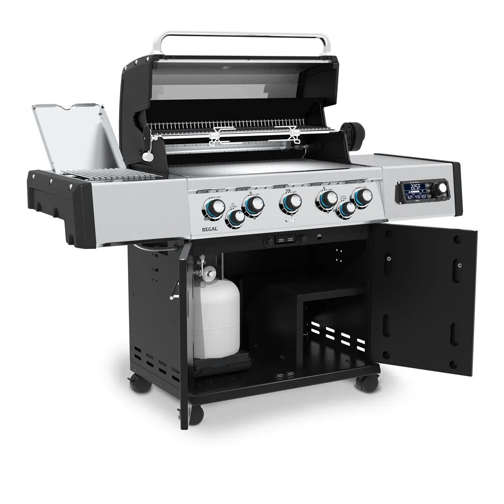 Broil King Regal Q 590 Pro IR smart grill with open cabinet