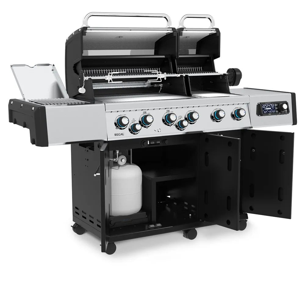 Broil King Regal Q 690 Pro IR smart dual-oven grill, open angled view