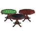 3-in-1 convertible octagon game table showing dining, poker, and bumper pool configurations in a rich cherry wood finish.