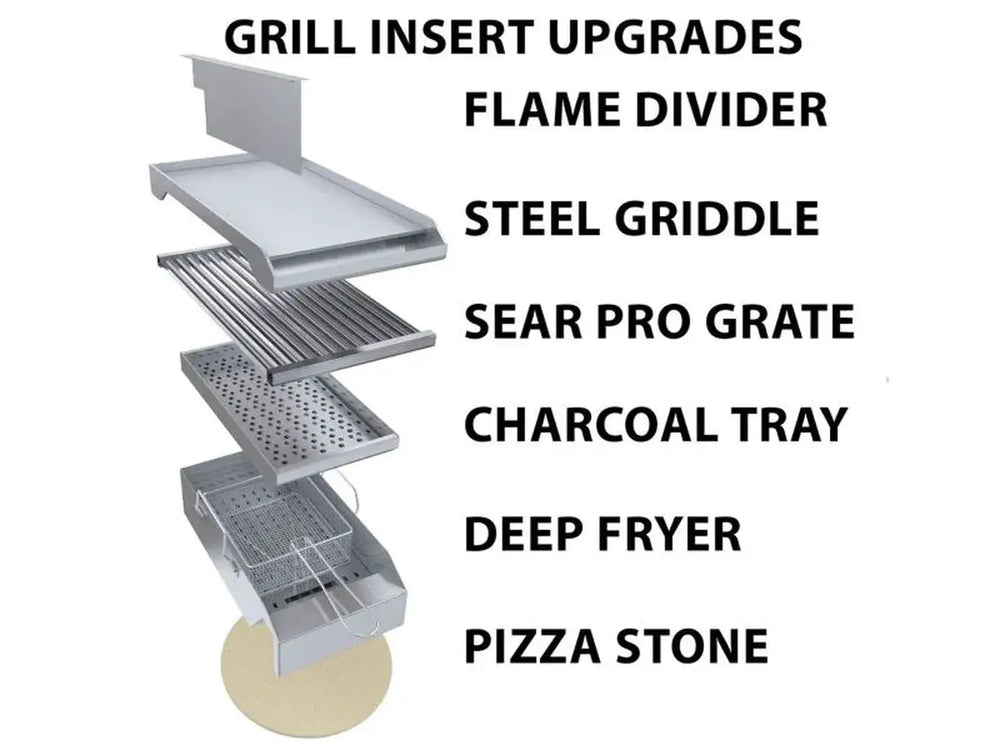 Sunstone RUBY3B grill insert upgrades including flame divider, steel griddle, sear grate and pizza stone