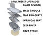 Sunstone RUBY3B grill insert upgrades including flame divider, steel griddle, sear grate and pizza stone