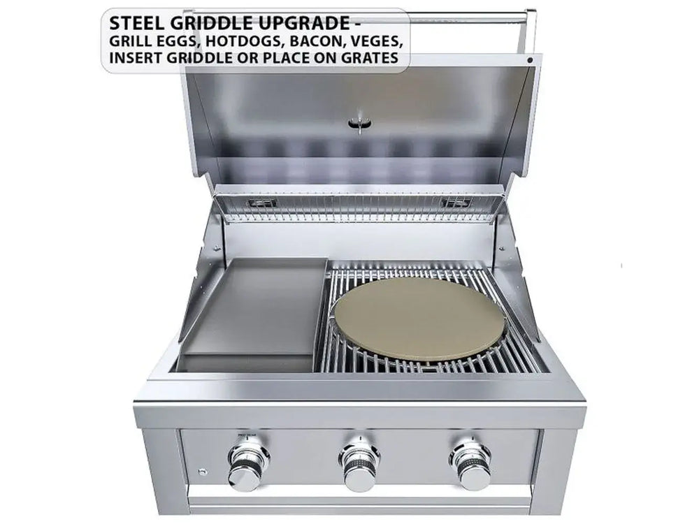 Sunstone RUBY3B steel griddle upgrade for grilling eggs, bacon and vegetables on gas grill