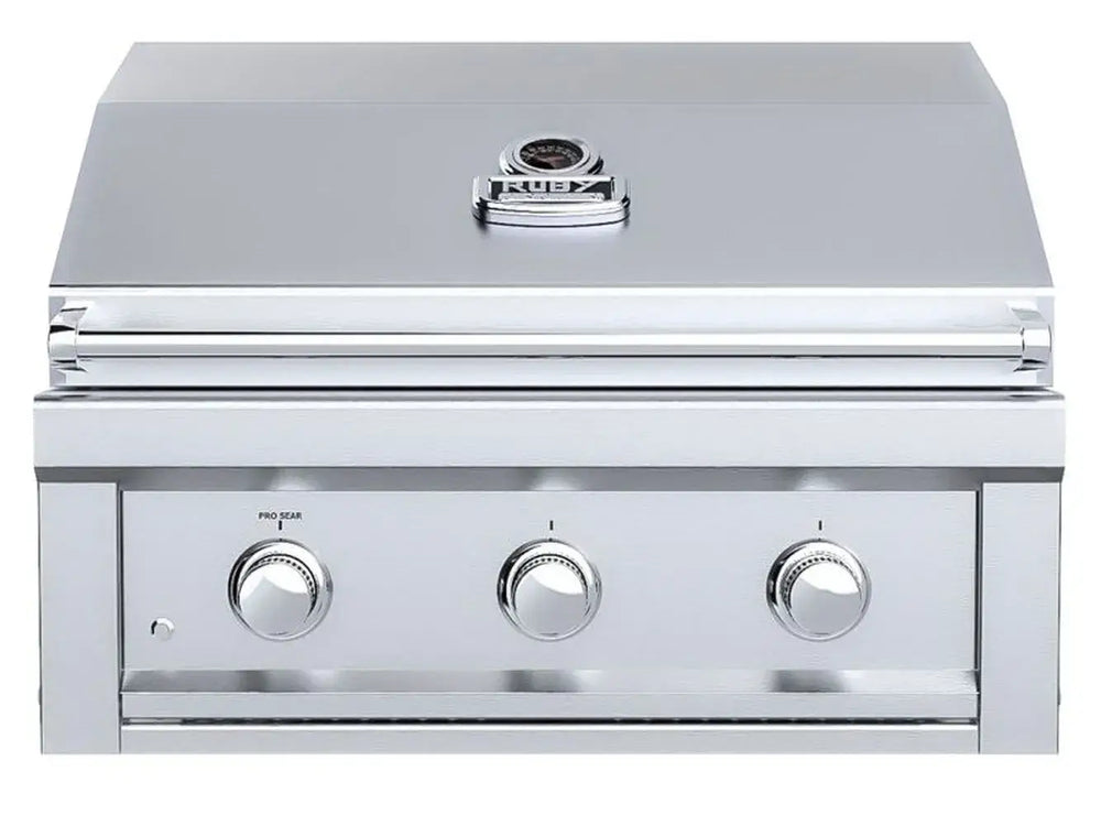 Sunstone RUBY3B 30" built-in gas grill with LED knobs, stainless steel hood and 3-burner design