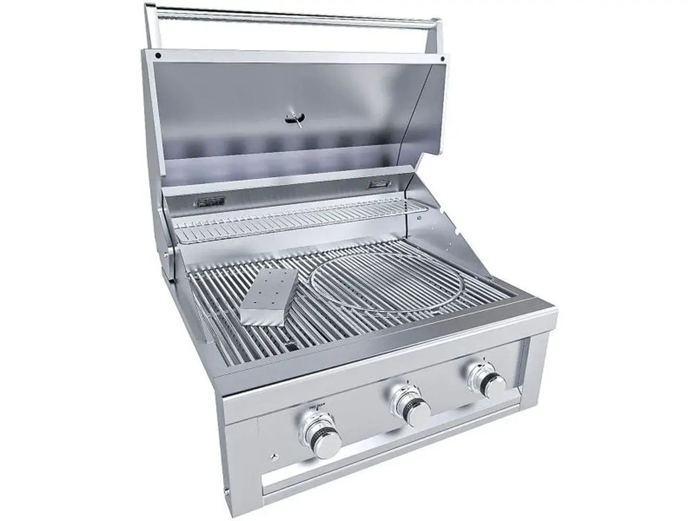 Sunstone RUBY3B 30-inch built-in gas grill open lid showing stainless steel cooking grates and smoker box