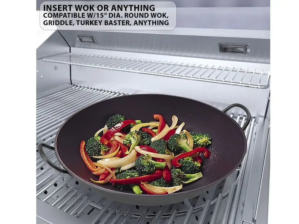 Sunstone RUBY3B 30-inch grill with wok insert cooking vegetables on removable round grate