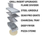 Sunstone RUBY4B grill insert upgrades: flame divider, steel griddle, sear pro grate, charcoal tray, deep fryer, pizza stone