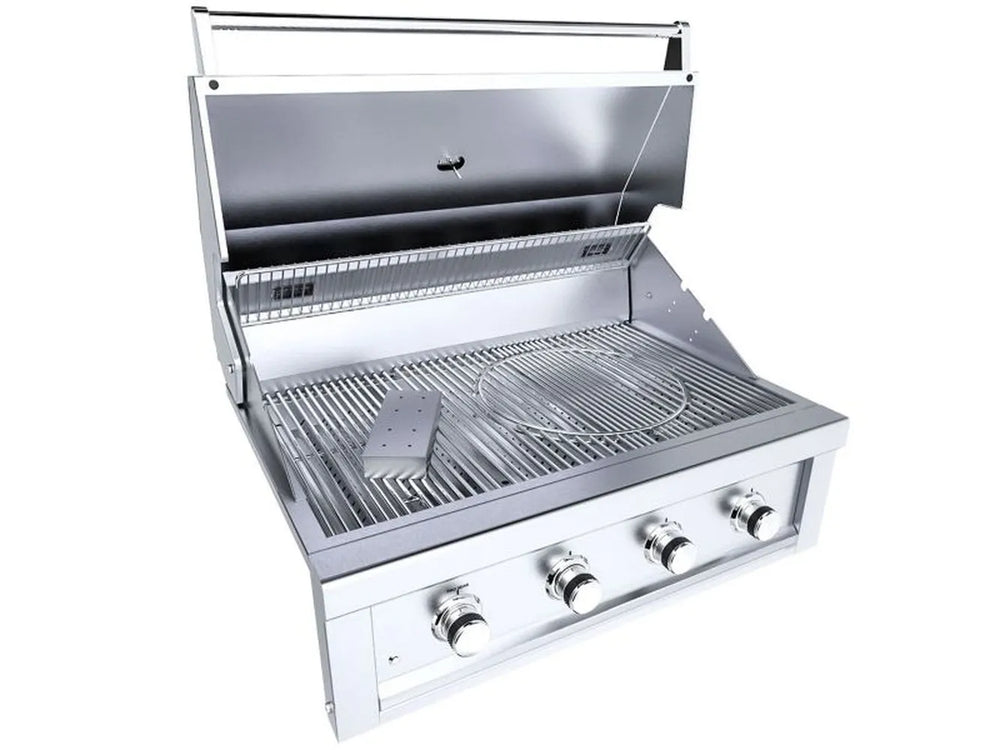 Sunstone RUBY4B 36-inch stainless steel built-in gas grill open lid with removable round grate angled view