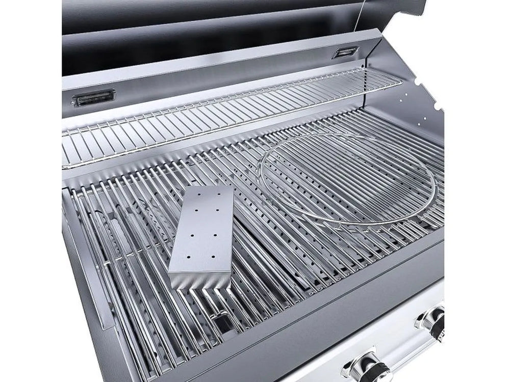 Sunstone RUBY4B 36-inch stainless steel built-in gas grill open lid with removable round grate close up