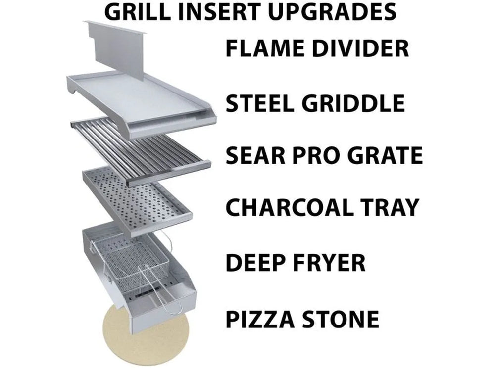 Sunstone RUBY4BIR grill insert upgrades: flame divider, steel griddle, sear pro grate, charcoal tray, deep fryer, pizza stone