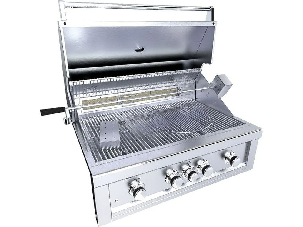 Sunstone RUBY4BIR 36" grill interior with IR back burner, rotisserie rod, and heavy-duty cooking grates