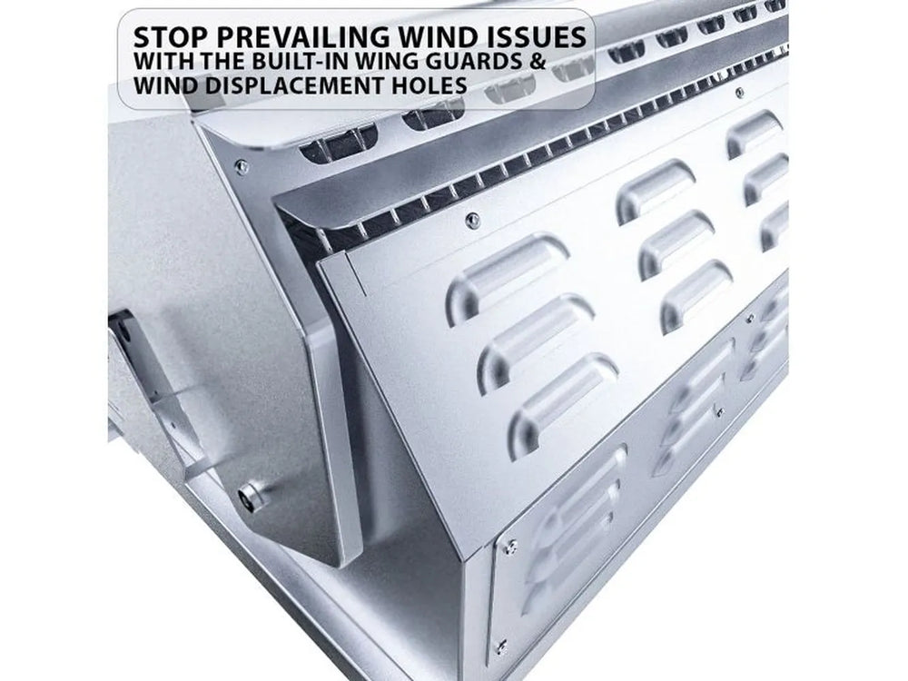 Sunstone RUBY4BIR built-in grill with wind guards and wind displacement holes for steady flames