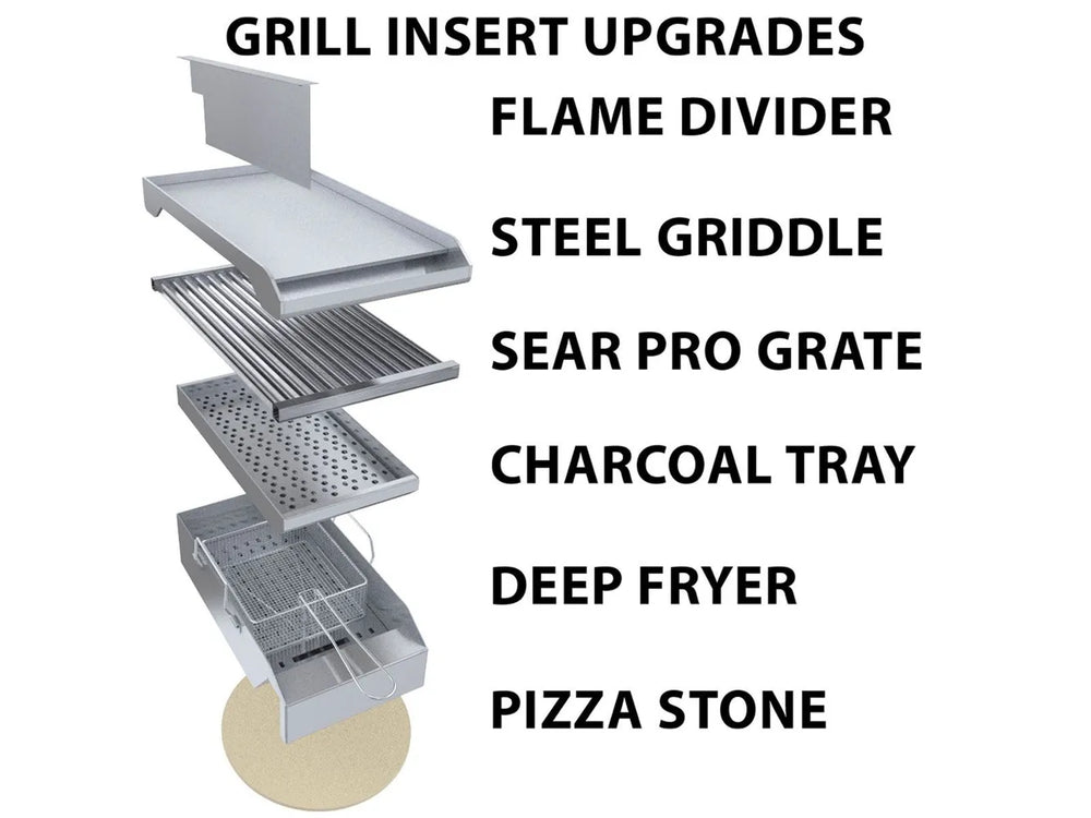 Sunstone RUBY5BIR grill insert upgrades including flame divider, steel griddle, sear pro grate, charcoal tray, deep fryer, pizza stone