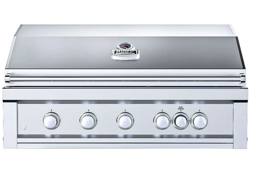 Sunstone RUBY5BIR 42-inch stainless steel built-in grill closed lid with integrated thermometer and LED control knobs