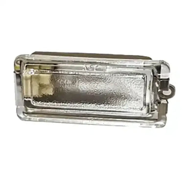 Close-up Sunstone R-Light Ruby grill light assembly with halogen bulb and glass lens cover, stainless BBQ grill hood light replacement.