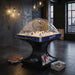 Hathaway Breakaway Dome Hockey table displayed in a modern, industrial loft setting with dark walls and large city-view windows, highlighting its design.