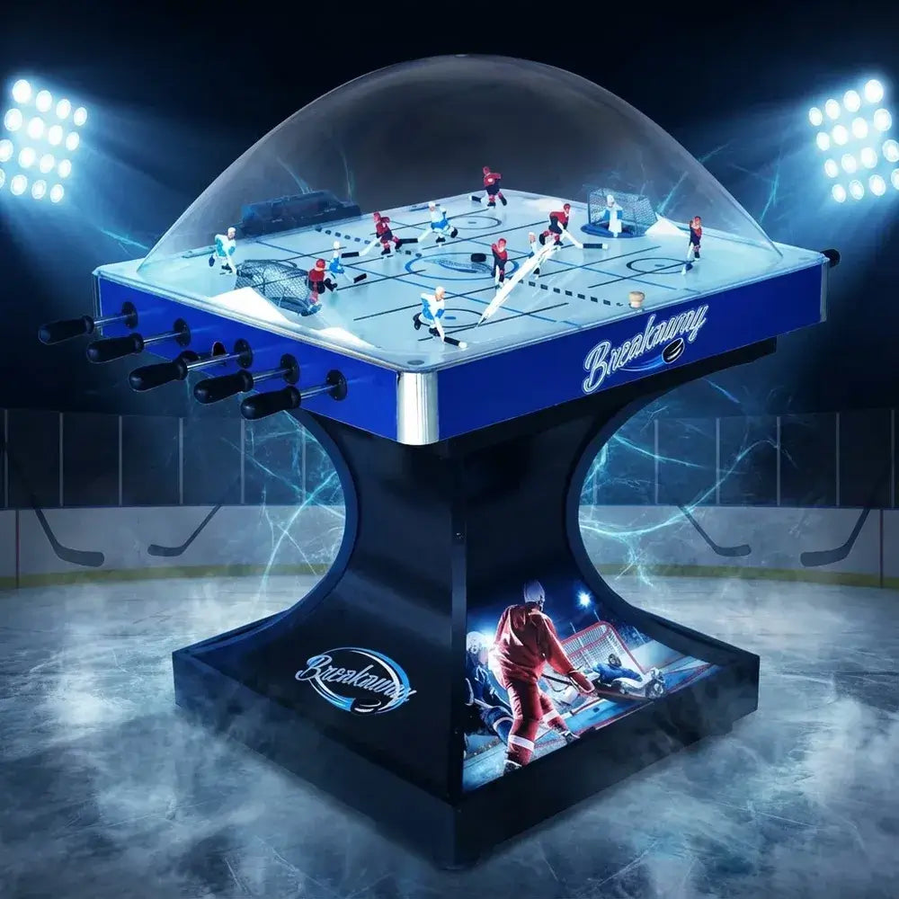 Hathaway Breakaway Dome Hockey table rendered in a dramatic hockey arena setting with bright stadium lights, lightning effects, and ice rink background, showcasing its dynamic look.