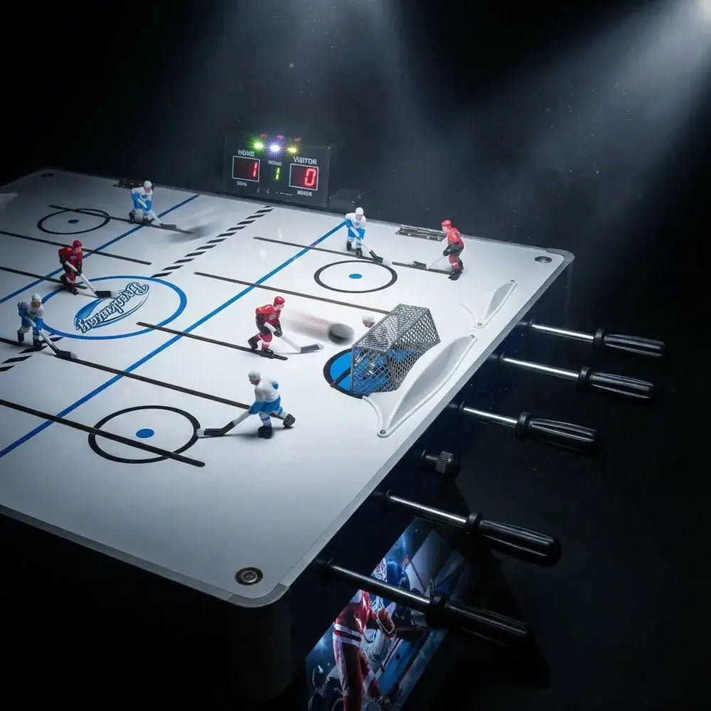 Close-up action shot of the Hathaway Breakaway Dome Hockey tabletop, showing the player figures, the puck mid-play, the rods, and the digital LED scoreboard showing a 1-0 score.