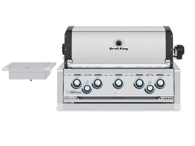 Front profile of the Broil King Imperial S 590iE built-in gas grill head and matching side burner unit with a stainless steel finish.