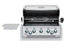Interior view of the Broil King Imperial S 590iE built-in grill with the lid open, showing the rotisserie burner and heavy-duty cooking grates.