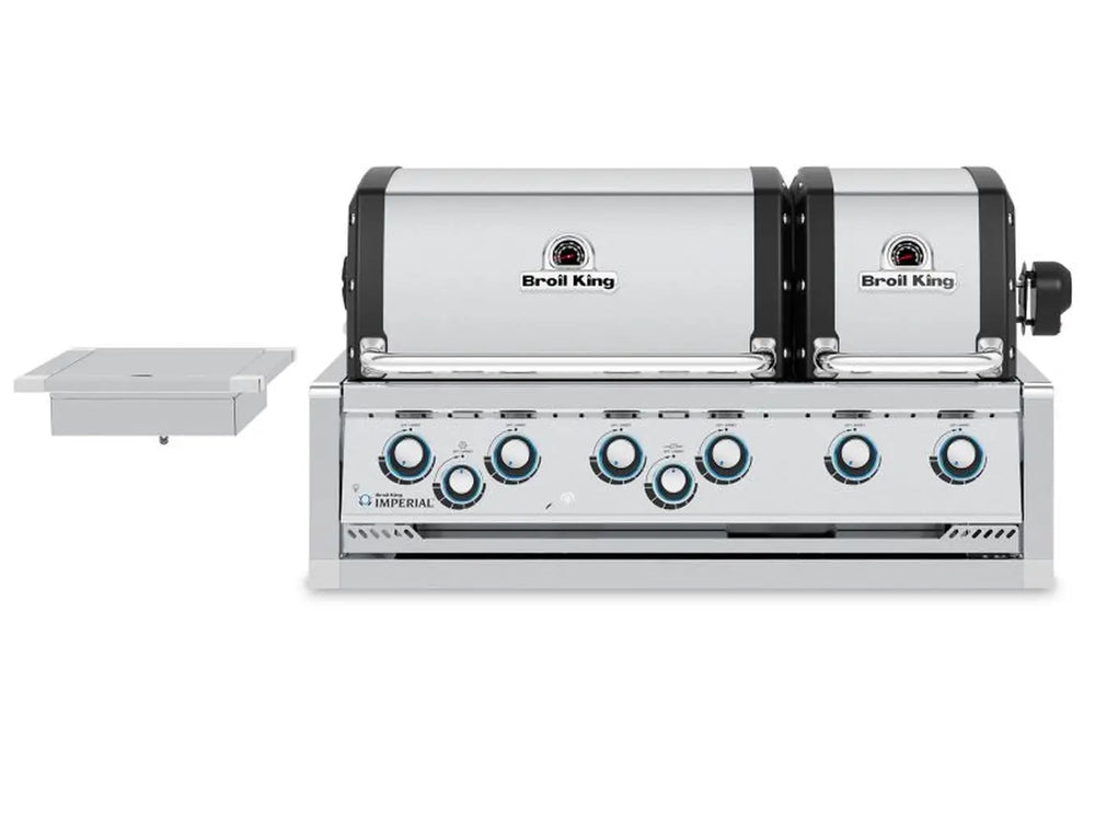 Front view of the Broil King Imperial S 690i built-in gas grill head with closed dual-hoods and side burner.