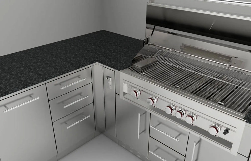 Close-up installation of the Sunstone SCC3SP90 corner spacer panel connecting two stainless steel outdoor kitchen cabinets at a 90-degree angle under a granite countertop.