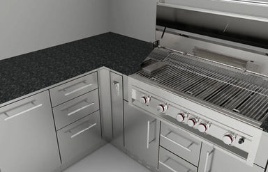 Close-up installation of the Sunstone SCC3SP90 corner spacer panel connecting two stainless steel outdoor kitchen cabinets at a 90-degree angle under a granite countertop.