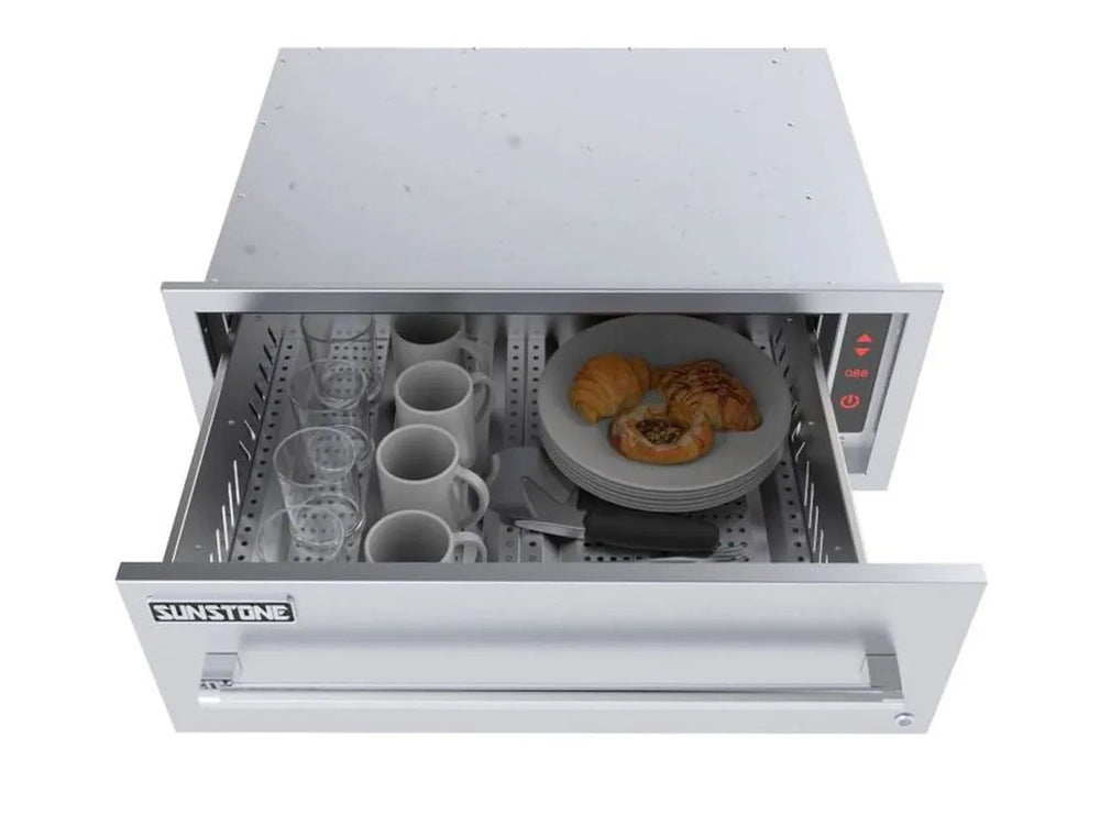 Sunstone SAP30WDPRO warming drawer open with plates, cups and pastries, 30-inch 110V stainless food warming drawer.