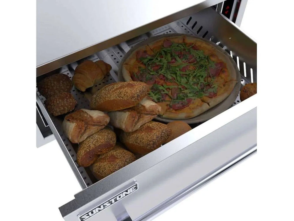 Sunstone SAP30WDPRO 30-inch electric warming drawer holding pizza and baked goods, 110V stainless outdoor kitchen warmer.