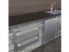 Sunstone 30-inch stainless warming drawer installed in outdoor kitchen island, electric 110V food warmer drawer by sink area.
