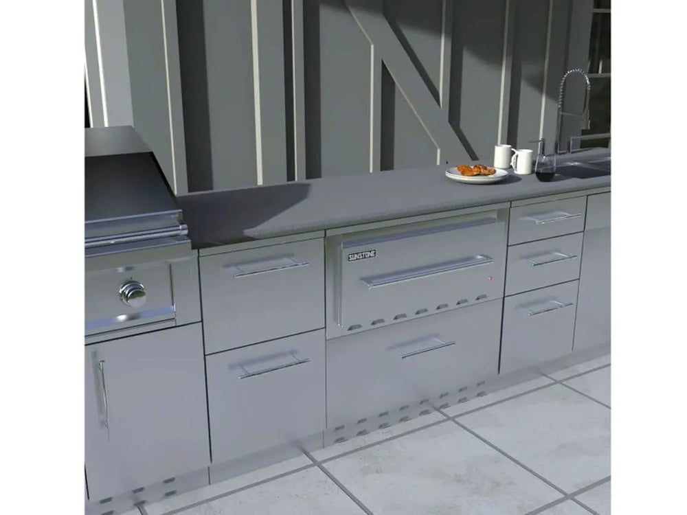 Sunstone SAP30WDPRO electric warming drawer installed in stainless outdoor kitchen cabinetry, 30-inch 110V built-in food warmer.