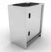 Angled view of the Sunstone 18-inch stainless steel base cabinet highlighting the sleek modern design, professional-grade handles, and the open-top frame ready for custom countertop installation.