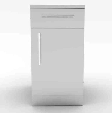 Front view of a Sunstone SBC18CSDR 18-inch outdoor kitchen base cabinet featuring a single top drawer and a vertical handle right-swing door in a brushed stainless steel finish.