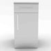 Front view of a Sunstone SBC18CSDR 18-inch outdoor kitchen base cabinet featuring a single top drawer and a vertical handle right-swing door in a brushed stainless steel finish.