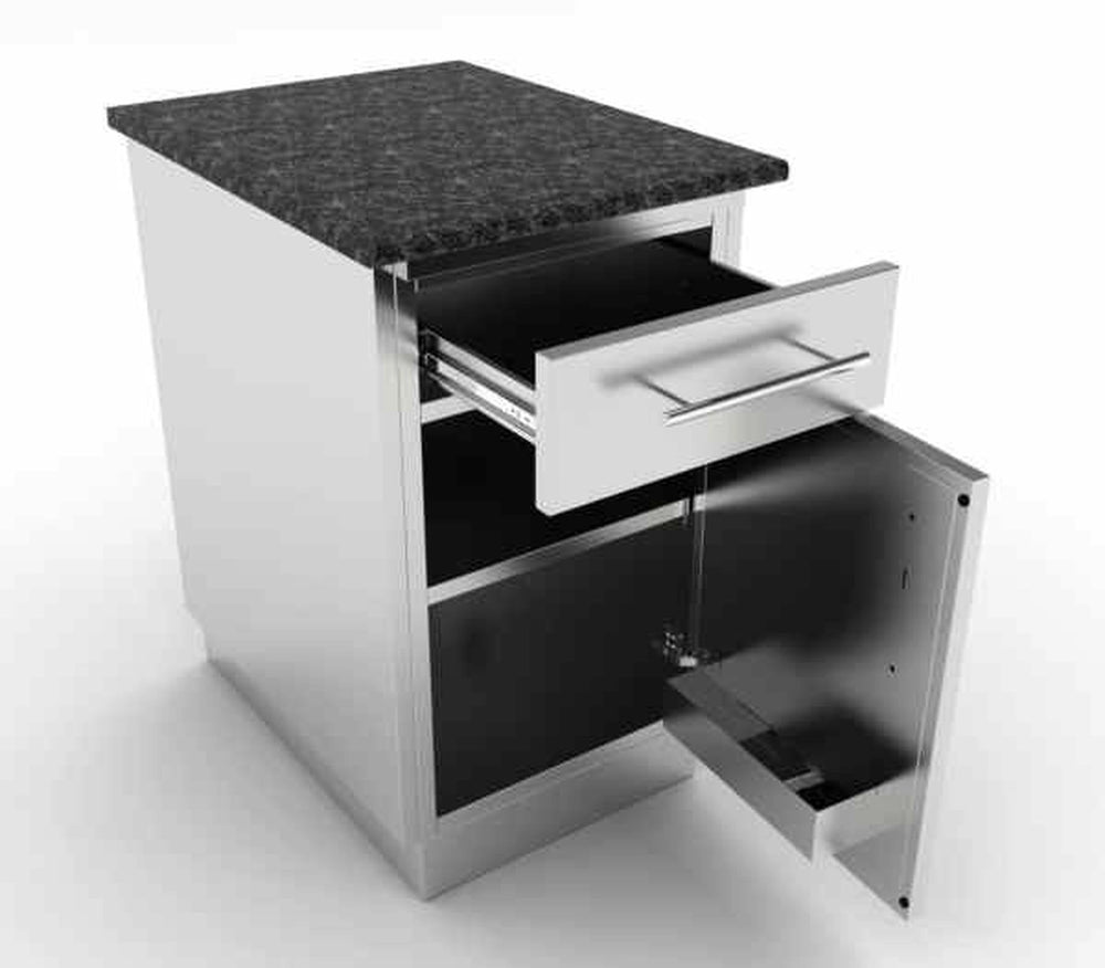 Sunstone SBC18CSDR 18-inch cabinet shown with an open top drawer on full-extension glides and an open right-swing door revealing the interior storage space and stone countertop.
