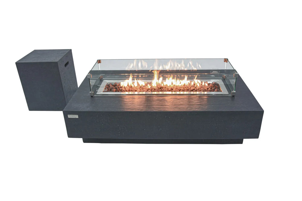 Elementi Hampton OFG139DG Fire Table 56" Dark Gray with matching square GFRC propane tank cover.