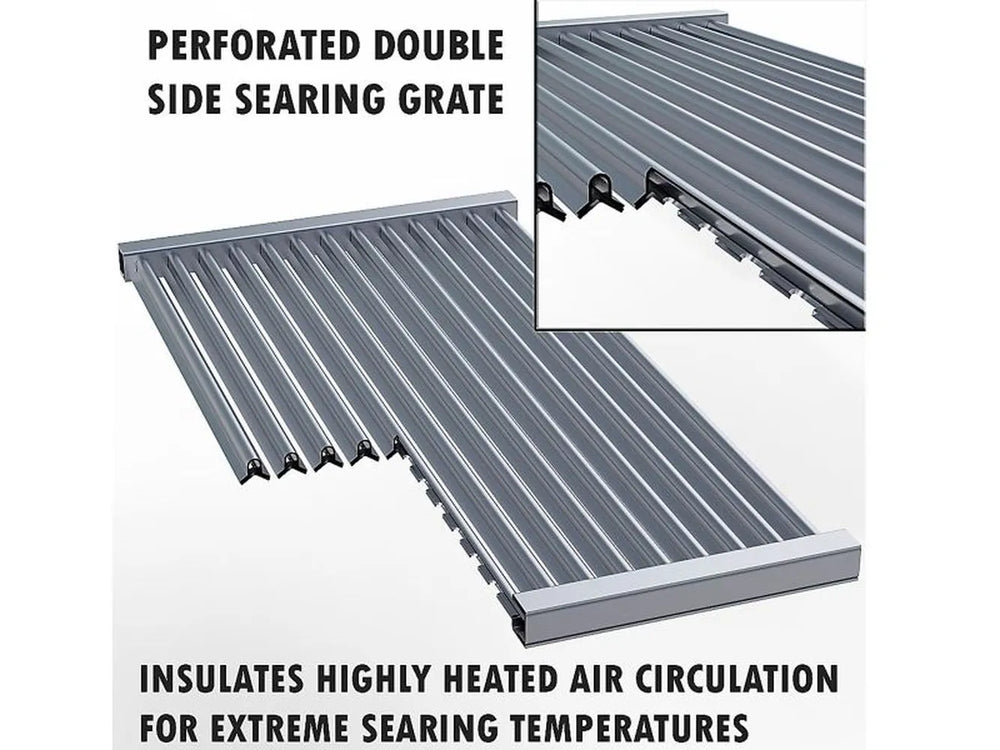 Sunstone perforated double-side searing grate with close-up detail, designed to circulate hot air for extreme searing temps.