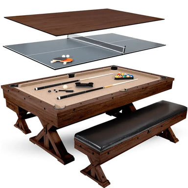Freetime Fun Rockford 7' Dining Pool Table in dark walnut finish with convertible tops and bench storage