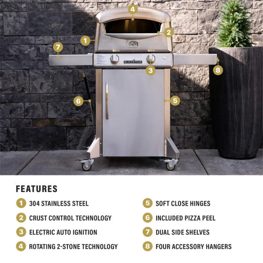 Outdoor stainless pizza oven with wide chimney and open flame stone cooking surface
