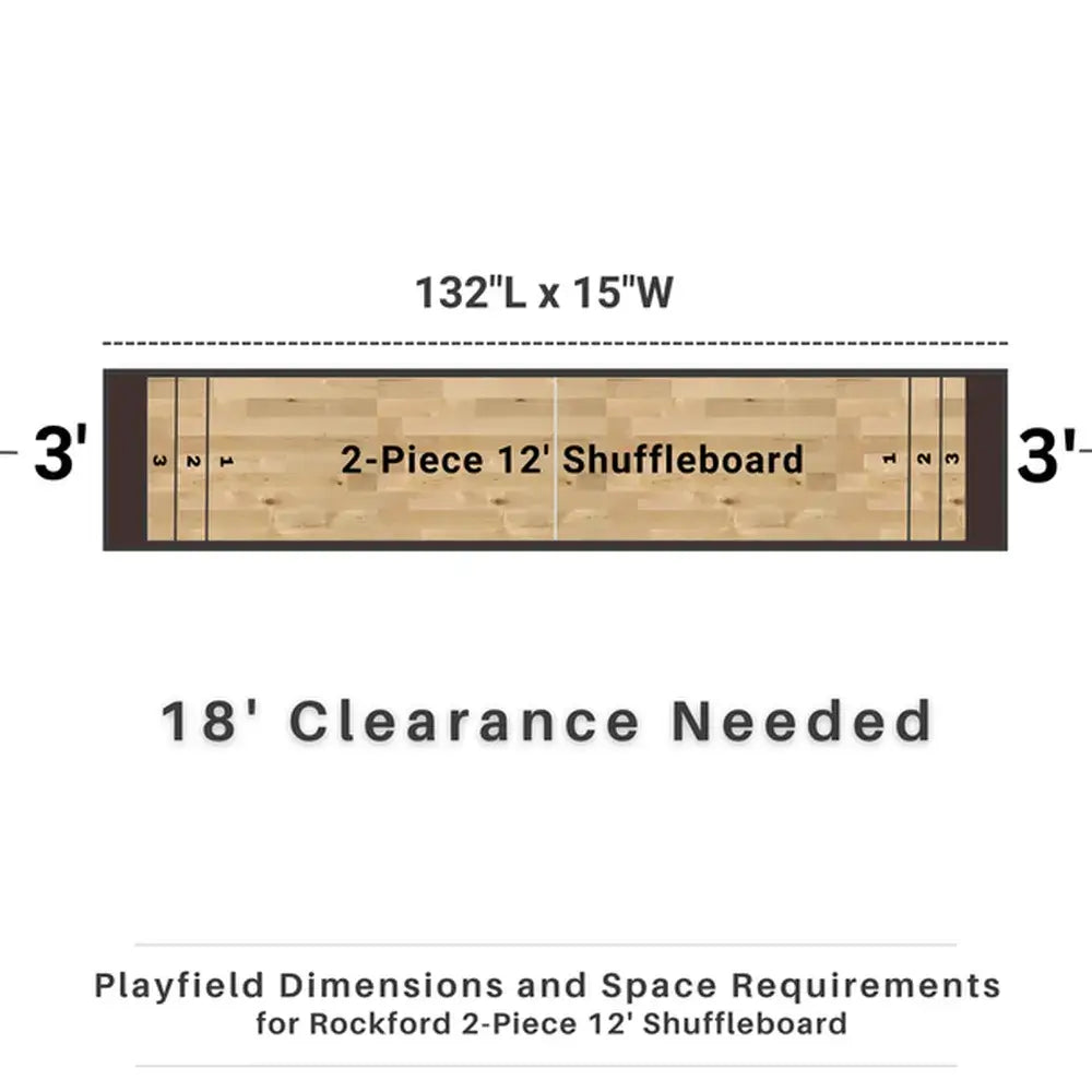 Playfield Dimensions and Space Requirements for the Freetime Fun 2-Piece 12' Shuffleboard: 132 inches by 15 inches, requiring 18 feet of clearance.