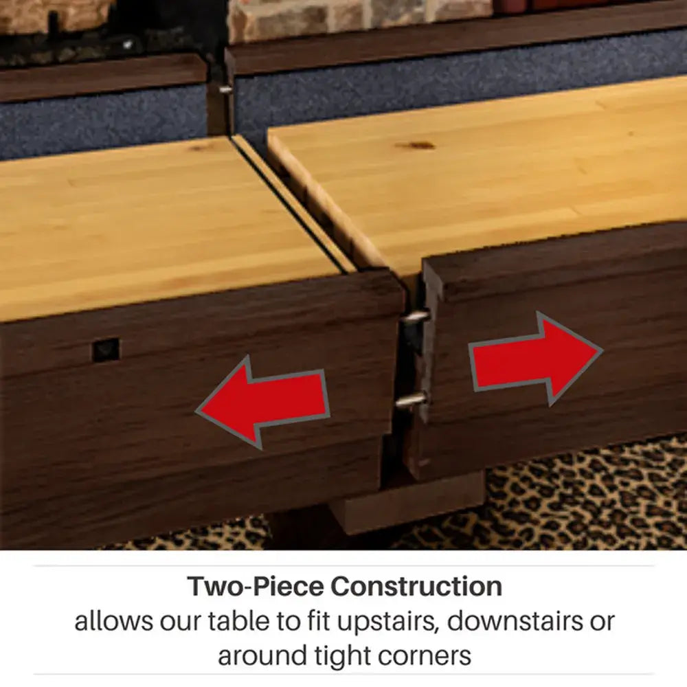 Close-up of the Two-Piece Construction of the Freetime Fun Shuffleboard, showing the joint that allows the table to fit into tight spaces.