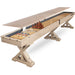 Freetime Fun Rustic Oak Shuffleboard Table (12-foot, 2-Piece Design) with trestle legs, set up for shuffleboard and bowling with Top.