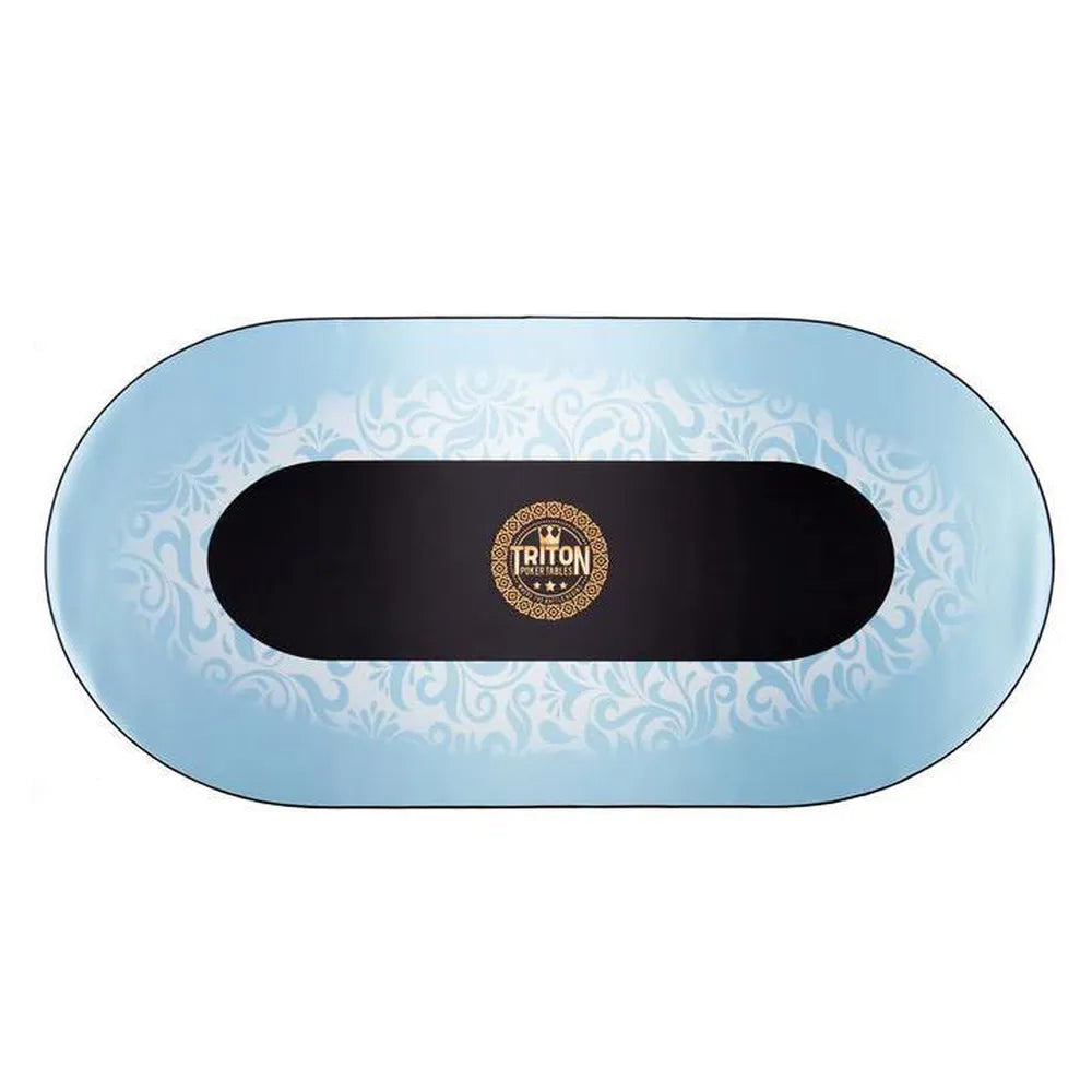 Light blue Triton poker table felt mat with decorative pattern and black center betting area for casino style poker games.