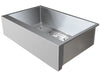 Angled view of Summerset stainless steel farmhouse sink basin with bottom grid and drain.