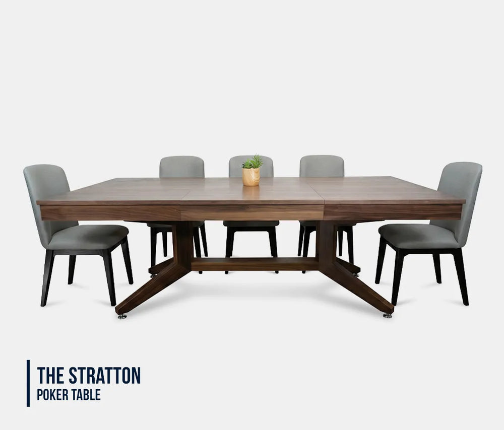 BBO Halo Series Stratton 10-player luxury poker table with dining top, solid wood base and modern gray chairs