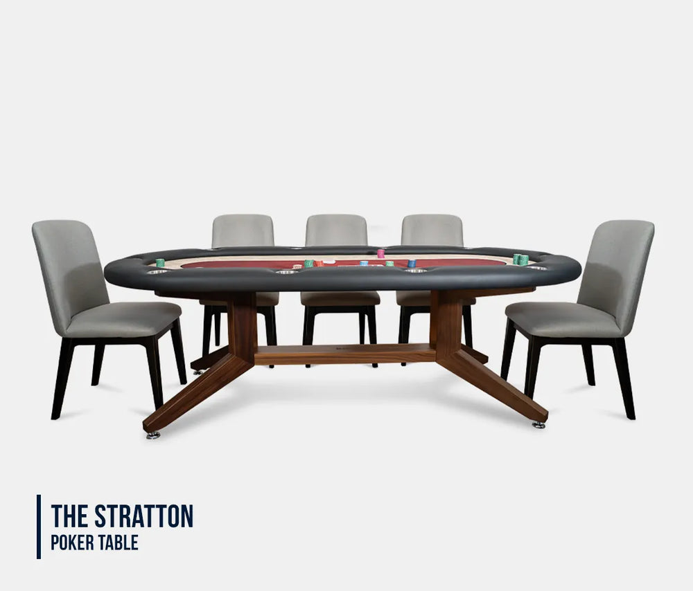 BBO Halo Series Stratton oval 10-player poker table with black padded rail, red felt center and built-in cup holders